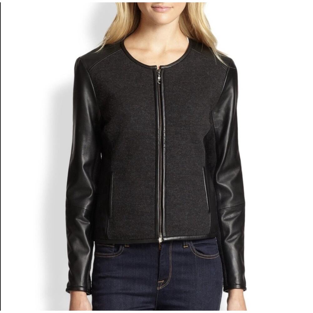 Eileen Fisher Leather Wool Moto Jacket Sz PS Mixed Media Luxury Minimalist‎